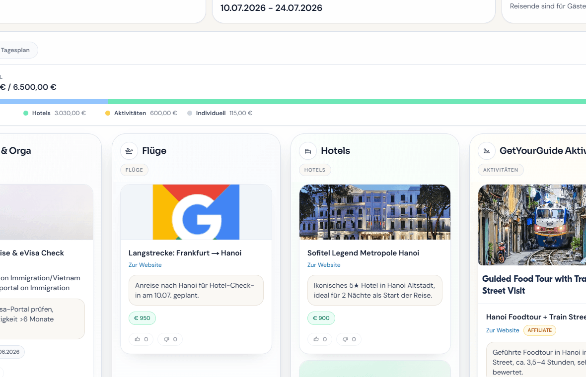 TripPair Board mit Pins – Unterkünfte, Flüge und Aktivitäten strukturiert sammeln